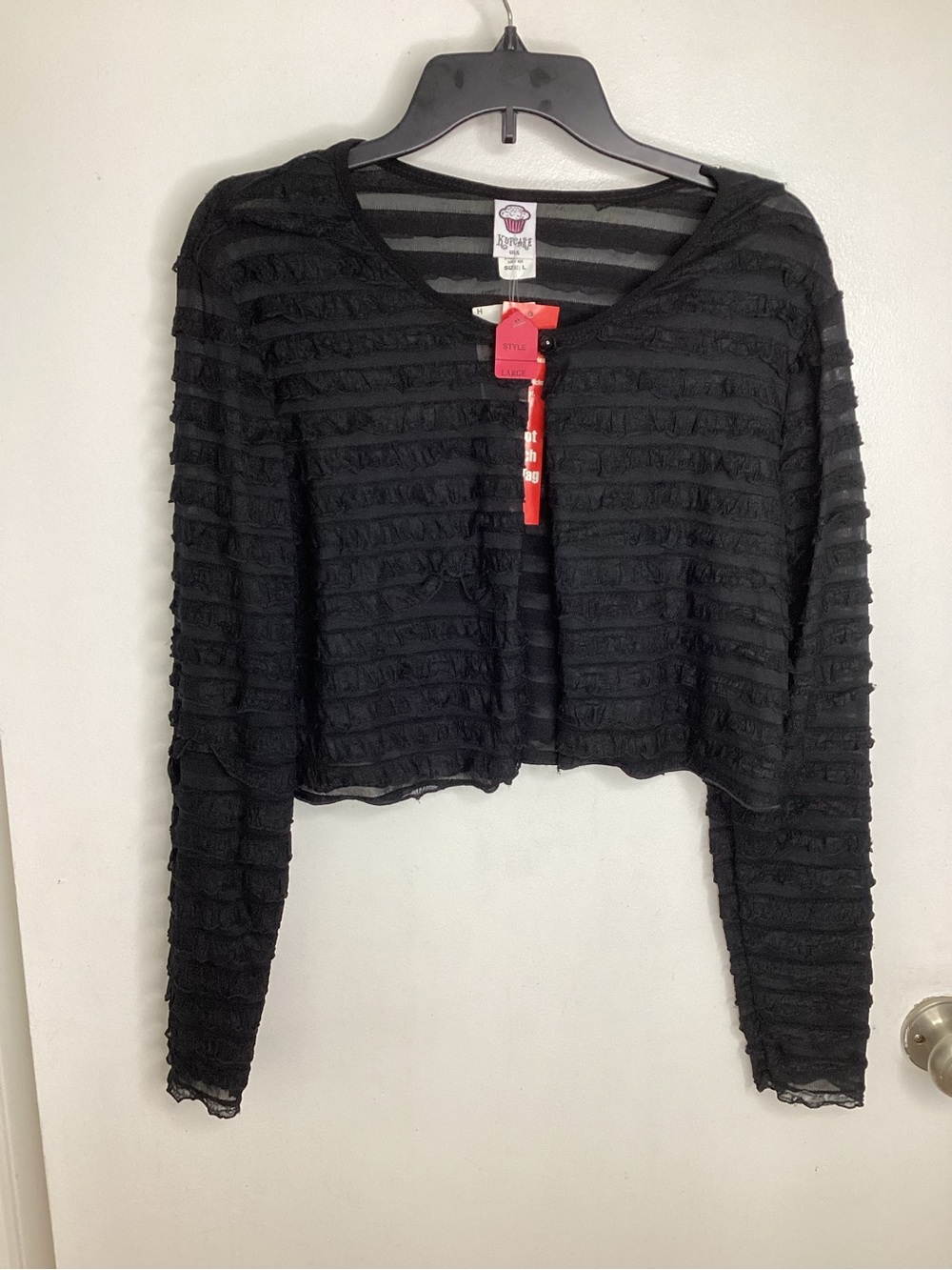 Sheer Black Ruffle-Texture Cropped Cardigan L